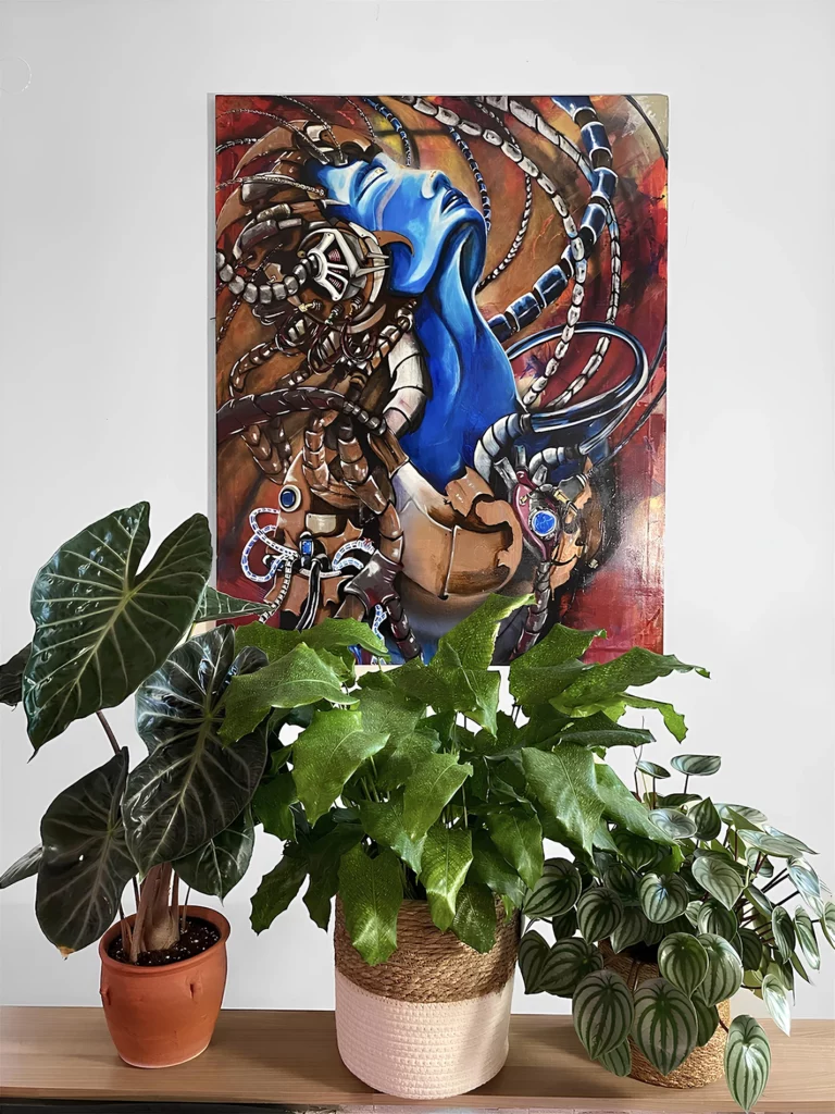 GALLIA ( acrylique sur lin, 150x120cm, 2021) par LANA DRI, alocasia Pink Dragon, Calathea Musaica, Peperomia Watermelon